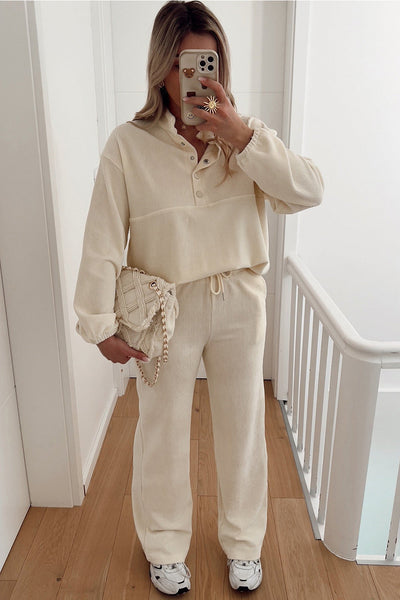 Chic Beige Corduroy 2-Piece Women's Set: Cozy Half Button Pullover & Comfortable Drawstring Pants for Effortless Style
