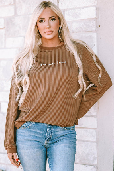 Women's Cozy Khaki "You Are Loved" Graphic Corduroy Sweatshirt - Casual Fit for Effortless Everyday Style