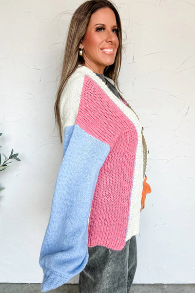 Cozy Chic Women's Beige Cable Knit Color Block Sweater with V-Neck, Drop Shoulders, and Puff Sleeves