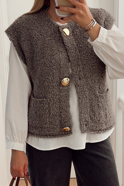 Women's Textured Bouclé Vest with Oversized Gold Buttons