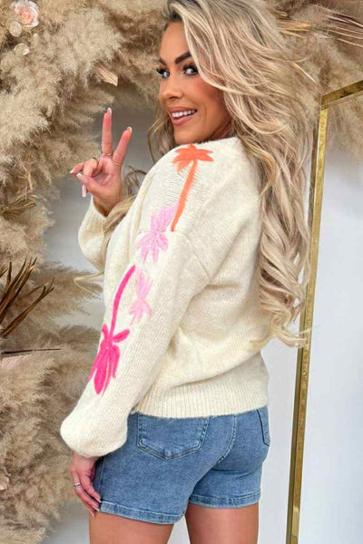 Cozy Women's Beige Floral Embroidered Sweater - Loose Fit Round Neck Knit for Effortless Fall Style and Comfort