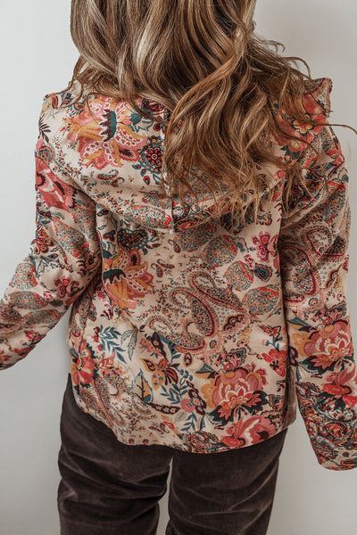 Women's Cozy Beige Vintage Paisley Floral Hooded Jacket with Sherpa Lining for Chic Winter Warmth