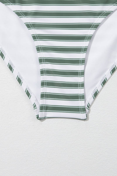 Striped Zip-Up Racerback High Waist Bikini Set in White