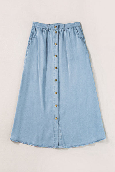 Women's Cotton-Linen Button-Front A-Line Maxi Skirt in Chambray