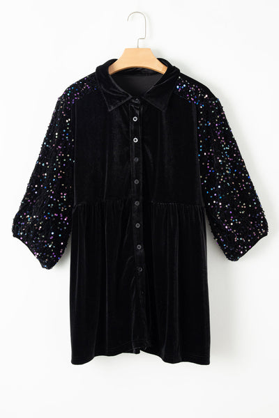 Chic Women's Black Velvet Peplum Blouse with Sequin Puff Sleeves Stylish Button-Up Top for Special Events