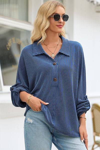 Women‚Äôs Casual Chic Navy Blue Oversized Twist Ribbed Henley Top with Roll-Up Sleeves for Effortless Style