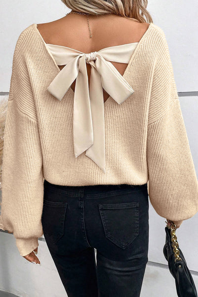 Chic Women's Apricot V-Neck Sweater with Lantern Sleeves and Knot Back Detail for Stylish Fall Outfits