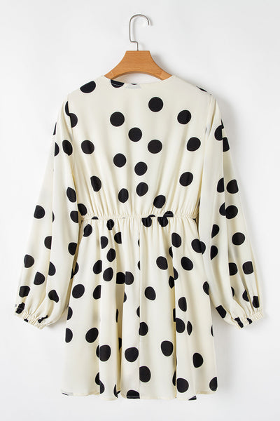 Trendy Women's Beige Polka Dot Surplice Mini Dress with Puff Sleeves Perfect for Casual Summer Outings