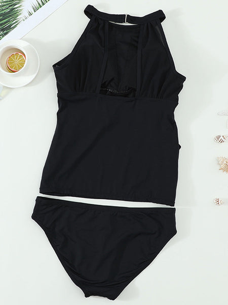 Women's Mesh Ruched Black High Neck Plunge Tankini Swimsuit