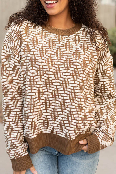Cozy Women's Khaki Knit Sweater with Patterned Design, Round Neck, Perfect for Casual Everyday Wear