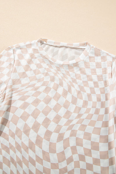 Chic Women's Khaki Checkered Long Sleeve Mock Neck Top - Stylish & Comfortable for Everyday Casual Wear