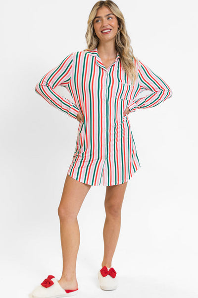 Cozy Women's Pink Stripe Long Sleeve Christmas Lounge Dress - Casual Holiday Style for Ultimate Comfort