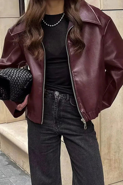 Women's Retro Zip-Up Leatherette Jacket with Elastic Hem in Wild Ginger - Stylish, Comfortable, and Versatile Outerwear