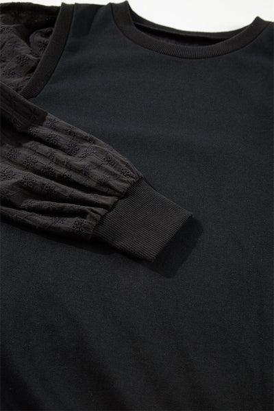 Chic Women's Black Patchwork Sleeve Round Neck Sweatshirt - Cozy Casual Top for Effortless Style and Comfort