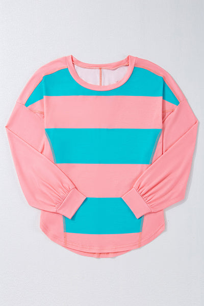 Women's Casual Light Blue Colorblock Striped Top - Chic Loose Fit Drop Shoulder Design for Everyday Comfort