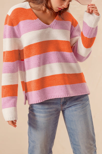Stylish Women's Orange Striped Colorblock V-Neck Sweater - Casual Comfort for Everyday Chic Looks made for easy styling and wardrobe coordination,
