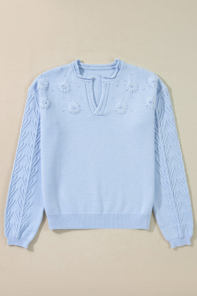 Women's Cozy Beau Blue Floral Knit Sweater with Notched Neck Stylish, Versatile Fashion for All Seasons