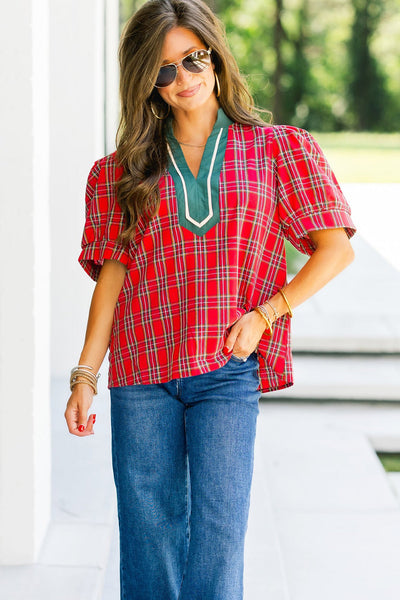 chic women's red plaid v-neck blouse with contrast trim - versatile short sleeve top for casual and office outfits made for easy styling and wardrobe