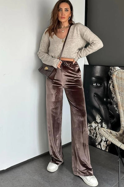 Women's Luxurious Goat Color Shiny Velvet High Waist Casual Pants - Stylish Drawstring Straight Leg Trousers