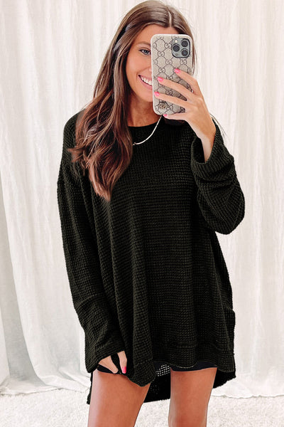 Chic Women's Black Oversized Waffle Knit Top with High Slits - Cozy and Stylish for Casual Outings and Everyday Wear