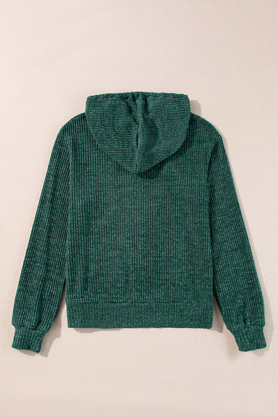 Cozy Women's Evergreen Ribbed Zip-Up Hoodie with Drawstring, Casual Fit for Everyday Style and Comfort