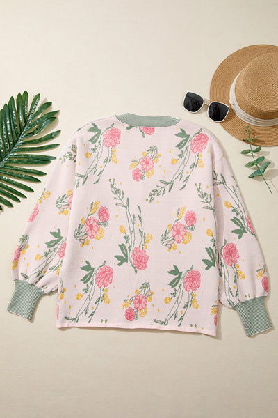 Women's Floral V-Neck Viscose Blend Knit Sweater in Soft Pink