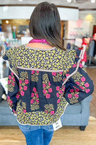 Women's Comfortable Black Floral Print Top - Chic Midnight Bloom Design for Casual Everyday Style