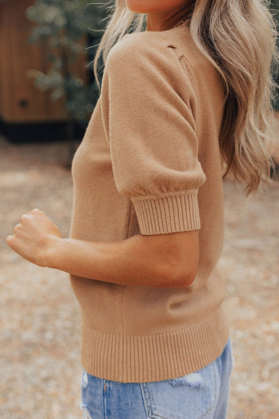 Women's Cozy Light Beige Knit Sweater with Short Puff Sleeves Chic Casual Top for Effortless Everyday Style