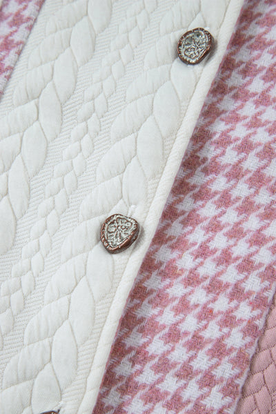 Trendy Women's Pink Houndstooth Patchwork Shacket - Relaxed Fit for Effortless Casual Chic Style
