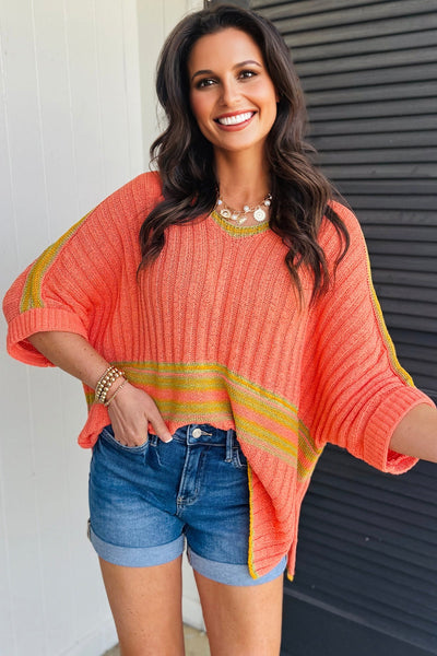 Cozy Women's Oversized Salmon Striped V-Neck Dolman Sleeve Sweater with Side Slits for Casual Chic Style