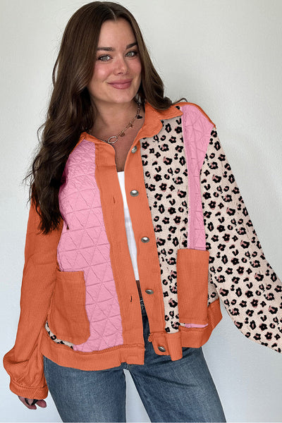 Trendy Women's Pink Leopard Print Quilted Jacket with Button Front - Stylish Waffle Design for Casual Chic Outfits