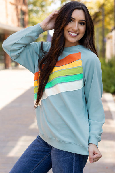 Cozy Women's Beau Blue Rainbow Colorblock Striped Pullover Sweatshirt for Casual Chic Style and Comfort