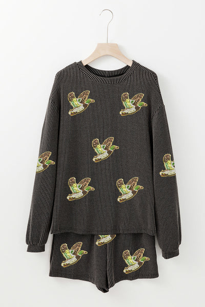 Women's Sequin Mallard Ribbed Knit Two-Piece Set in Carbon Grey