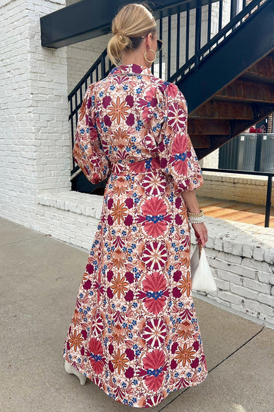 Elegant Women's Red Floral Button-Down Dress with Puffy Sleeves and Shirt Collar for Chic Summer Outfits