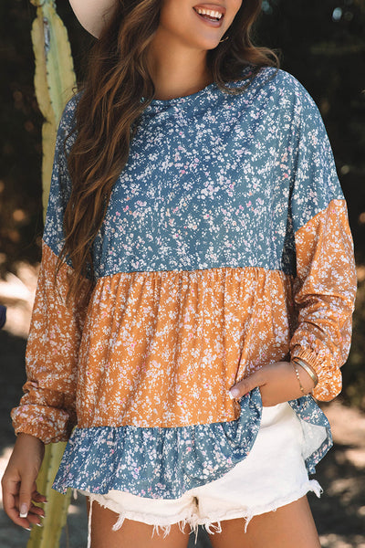 Trendy Women's Orange Floral Color Block Blouse with Ruffled Hem - Stylish Round Neck Top for Any Occasion