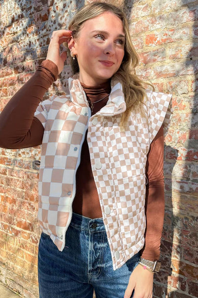 Women's Khaki Checkered Quilted Vest with Mock Neck