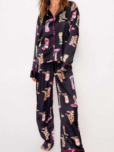 Women's Cowgirl Chic Satin Pajama Set with Western Print
