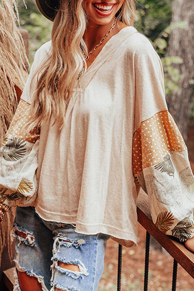 Tropical Palm Print Puff Sleeve V-Neck Blouse for Women Loose-Fit, Stylish Patchwork in Jet Stream Colors