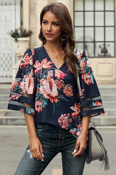 Long Sleeve Flower Print Lapel Shirt