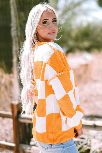 Women's Cozy Orange Checkered Bishop Sleeve Sweater - Stylish Knit Pullover for Fall Fashion and Casual Wear