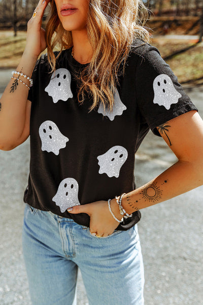 Women's Black Glitter Ghost Pattern Crew Neck Halloween T-Shirt - Fun & Festive Casual Wear for Spooky Season