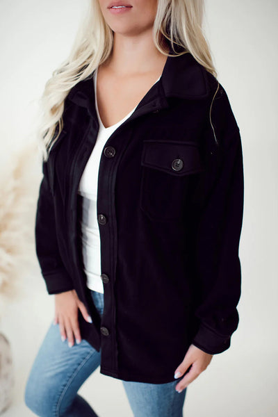 Cozy Chic Women's Black Fleece Shacket with Button Down Closure and Trendy Patchwork Design, Perfect for Fall Fashion