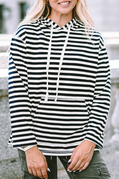 Classic Striped Kangaroo Pocket Hoodie with Drawstring