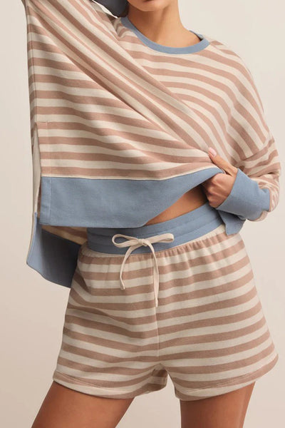 Women's Khaki Stripe Color Block Oversized Pullover & Drawstring Shorts Set - Casual Chic 2-Piece Outfit