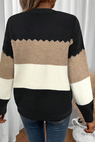 Stylish Women's Black Colorblock Crew Neck Sweater with Drop Shoulders for Ultimate Comfort and Effortless Chic