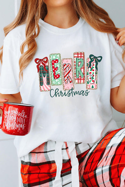 Women's Merry Christmas Patchwork Graphic Tee Shirt