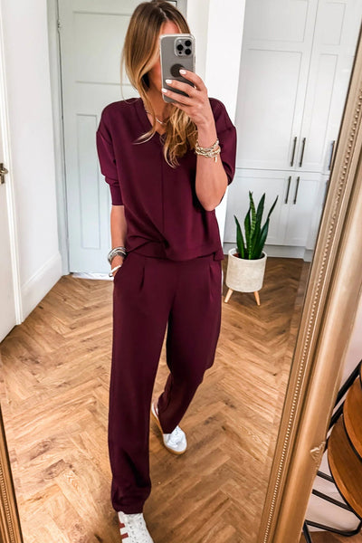 Women's Red Dahlia V-Neck Casual Tee and Pants Set - Chic, Comfortable Outfit for Effortless Everyday Style