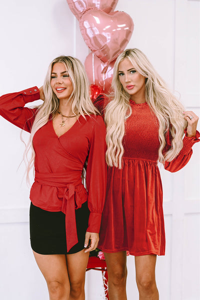 Chic Women‚Äôs Red Clay Velvet Dress with Frilled Neck and Smocked Bodice Ideal for Weddings and Special Events