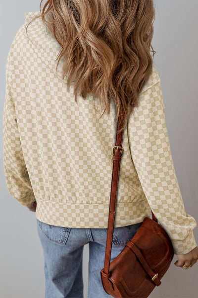 Casual Women's Khaki Checkered Hoodie with Drawstring & Kangaroo Pocket - Perfect Everyday Comfort Wear