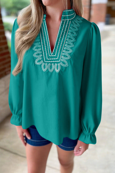 Elegant Women's Lapis Blue V-Neck Blouse with Embroidery and Flouncy Long Sleeves for Stylish Casual Outings